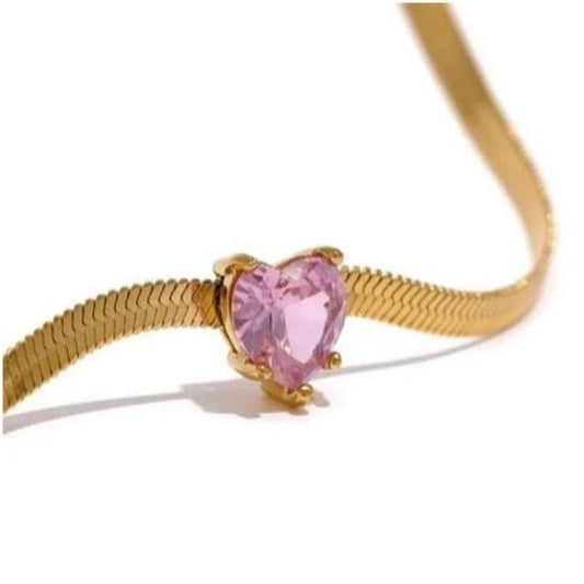 Pink Heart Zirconia Stone Snake Choker Chain